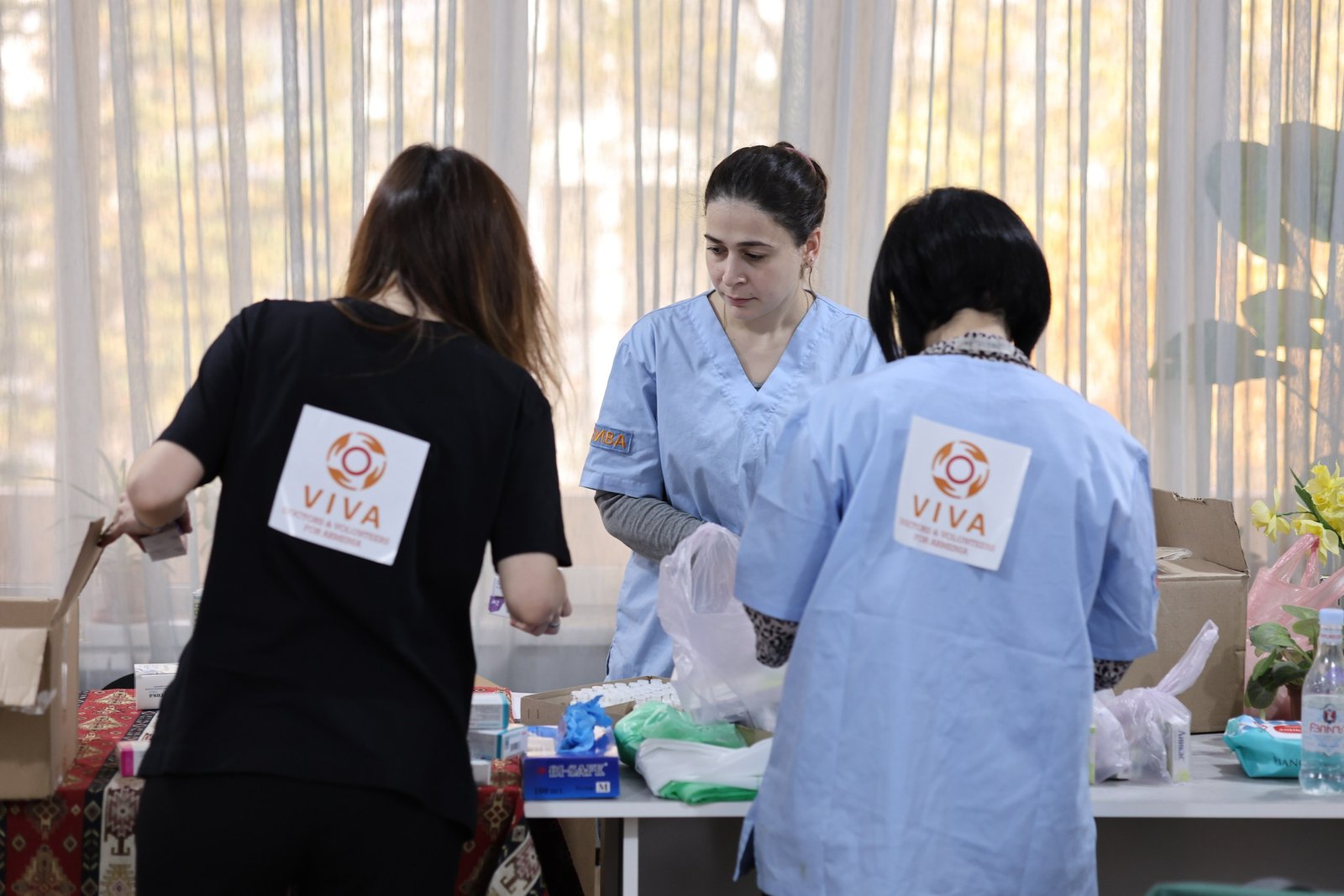 VIVA volunteer medical team preparing medicines and supplies for families from Artsakh